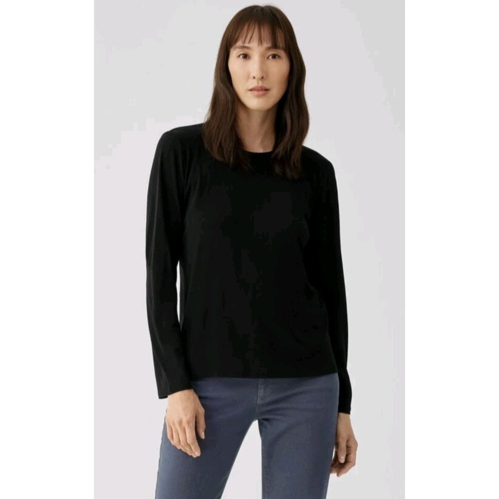 NEW Eileen Fisher Stretch 100% Silk Jersey Crew Neck Top Black XS Woman‎ Staple